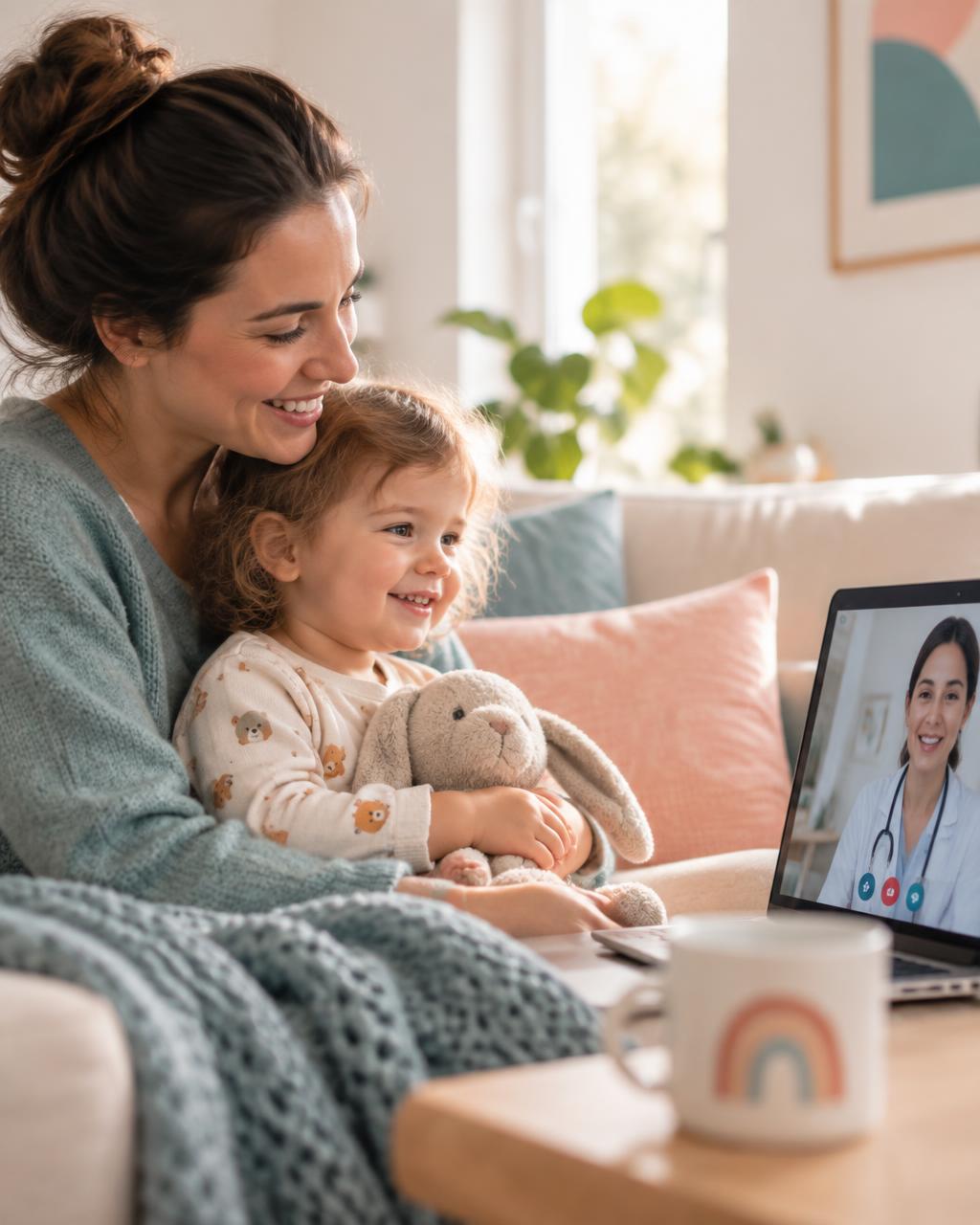 A parent and child on a video call with a paediatrician from a cosy sofa at home